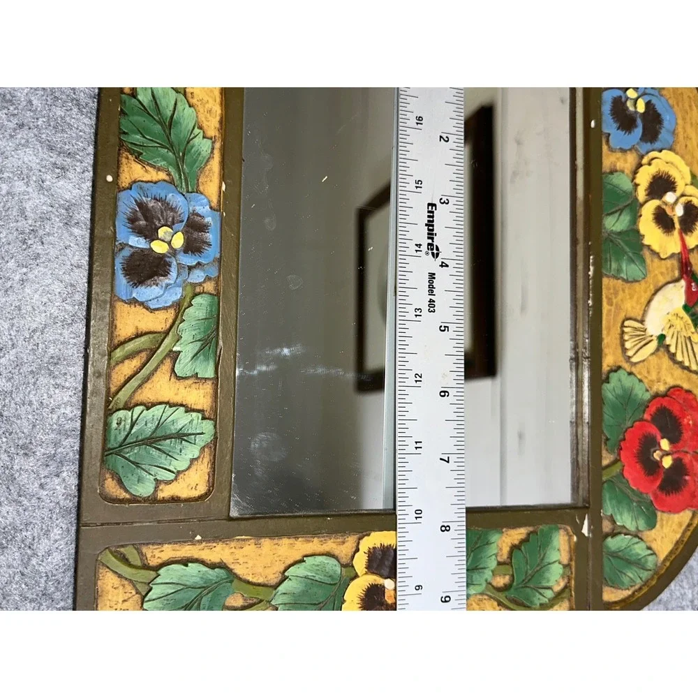 Vintage Hand Painted Pansy Hummingbird Floral Arched Wall Mirror Cottagecore